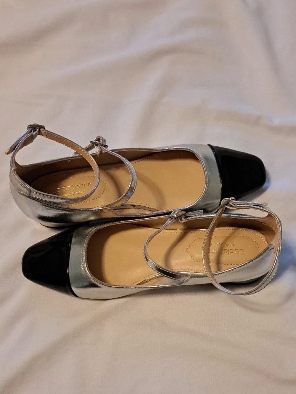 Liz Claiborne Silver and Black Mary Jane Flats with Ankle Straps